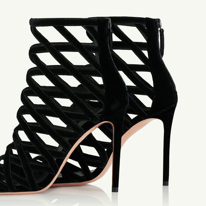 Black Velvet Woven Cage-Like Stiletto Heel Short Boots for Women