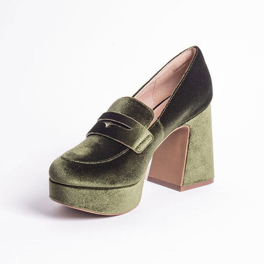 FSJ Olive Velvet Round Toe Block Heeled Loafers with Platform