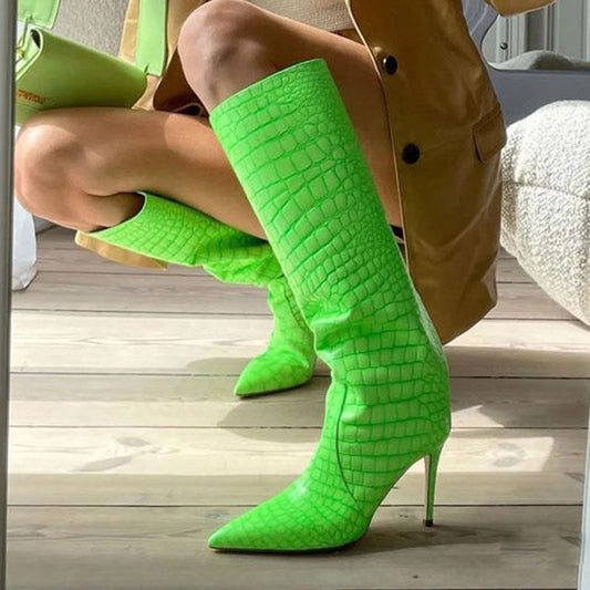 Neon Green Crocodile Embossed Slip On Stiletto Heel Knee High Boots
