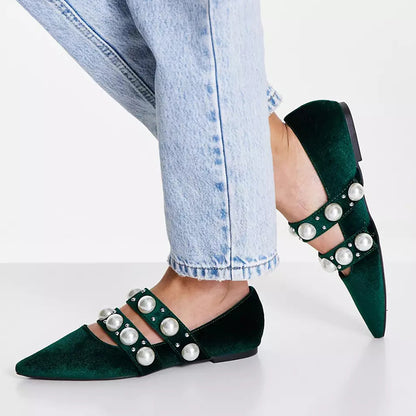 Green Velvet Pointed Toe Flats Pearls Embellished Mary Jane Shoes
