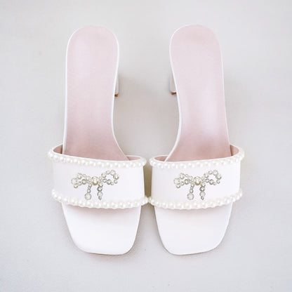White Satin Square Toe Chunky Heel Pearl Mules