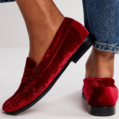 Classic Red Velvet Round Toe Flat Penny Loafers Women