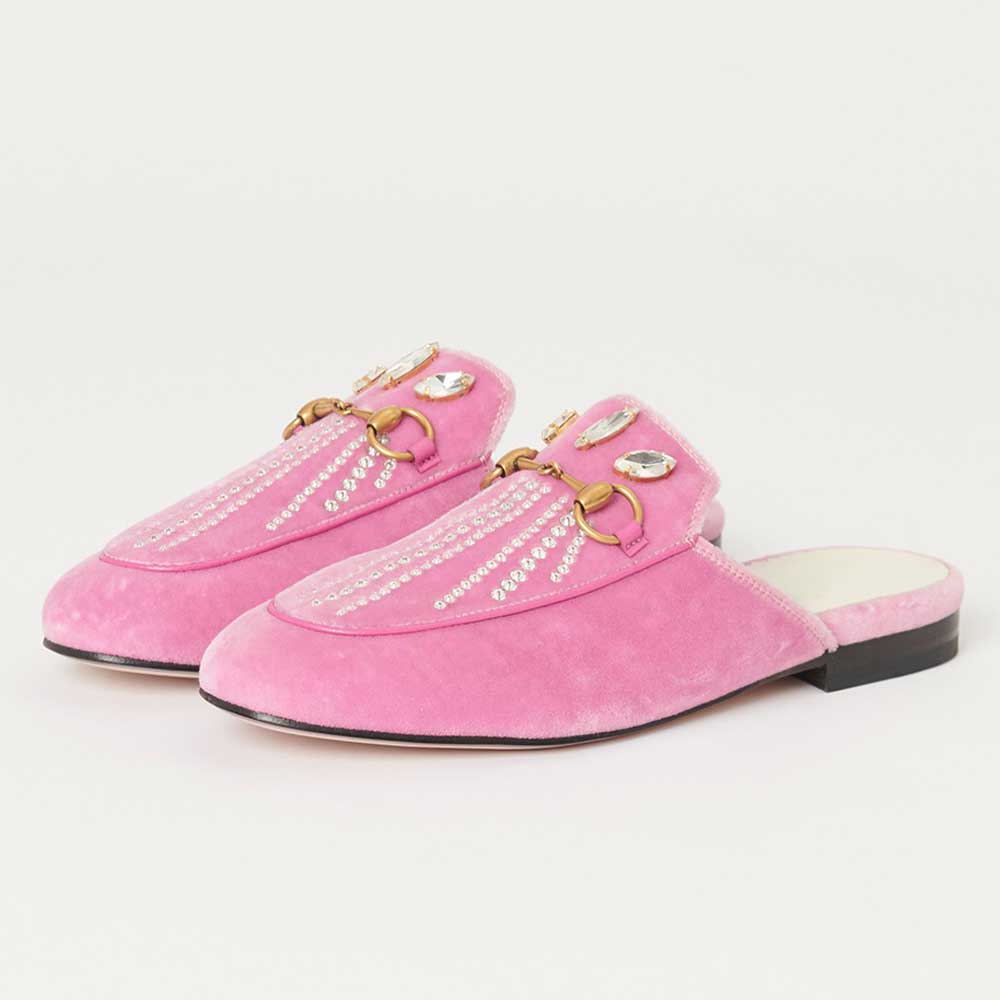 Pink Velvet Crystal Embellished Mule Loafers with Gold Hardware Decor