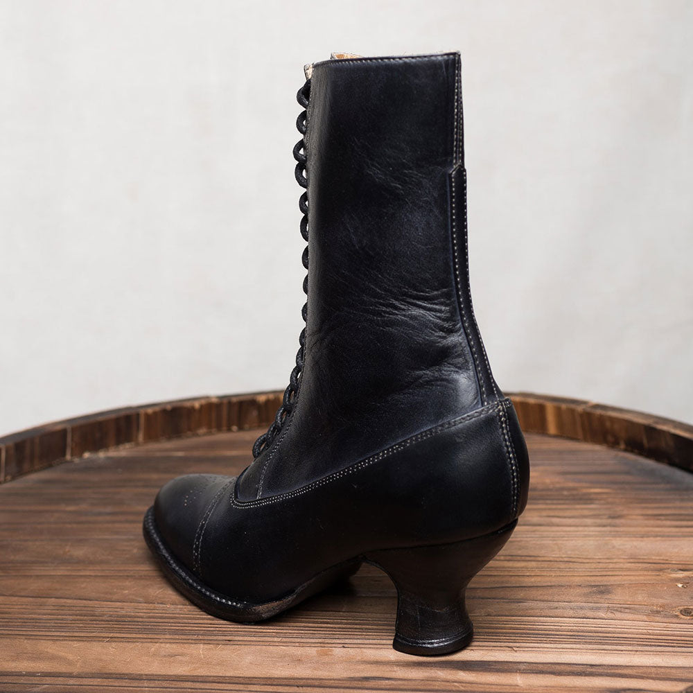 Vintage Lace-Up Almond Toe Spool Heel Mid Calf Boots in Black