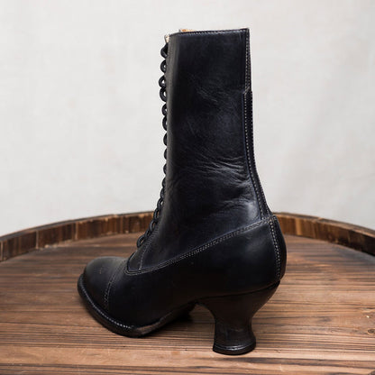 Vintage Lace-Up Almond Toe Spool Heel Mid Calf Boots in Black