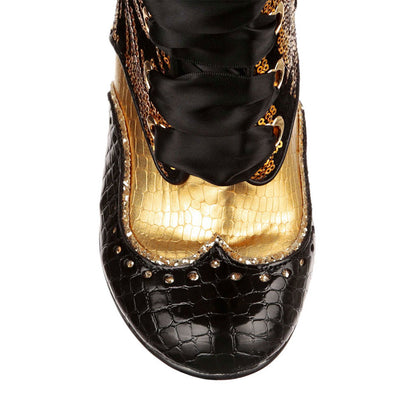 Black and Gold Sequin Round Toe Embossed Lace-Up Mid Calf Boots