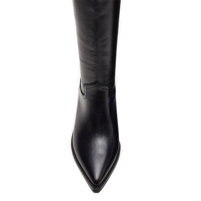 Black Vegan Leather Pointed Toe Chunky Heel Knee High Boots for Women
