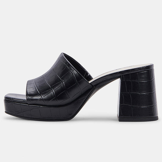 Black Croco Embossed Square Toe Block Heel Platform Mules