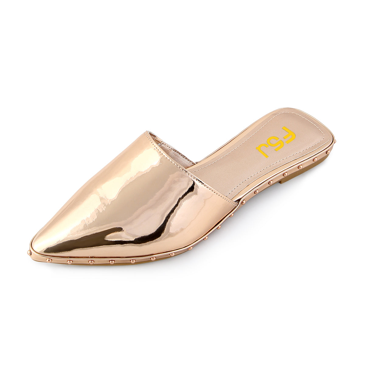 Women's Champagne Pointed Toe Studded Comfortable Flat Mules