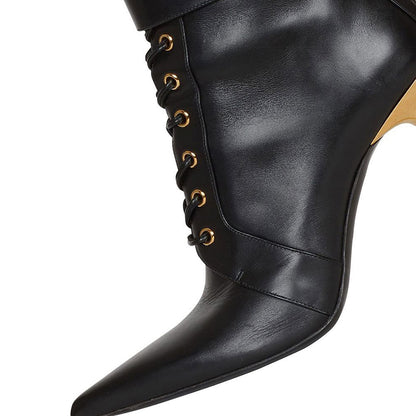 Black Faux Leather Stiletto Heel Lace Up Buckle Pointy Toe Ankle Boots