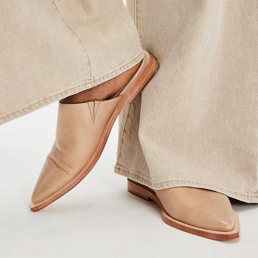 Women's Nude Vegan Leather Slip On Flat Mules Closed Toe Shoes