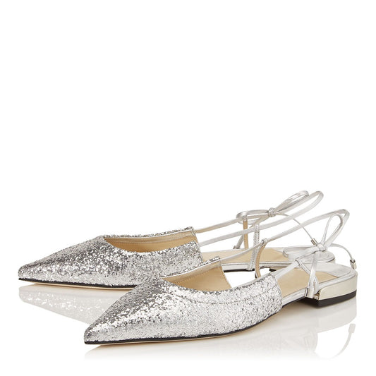 Silver Glitter Shoes Pointed Toe Tie Bow Slingback Flats