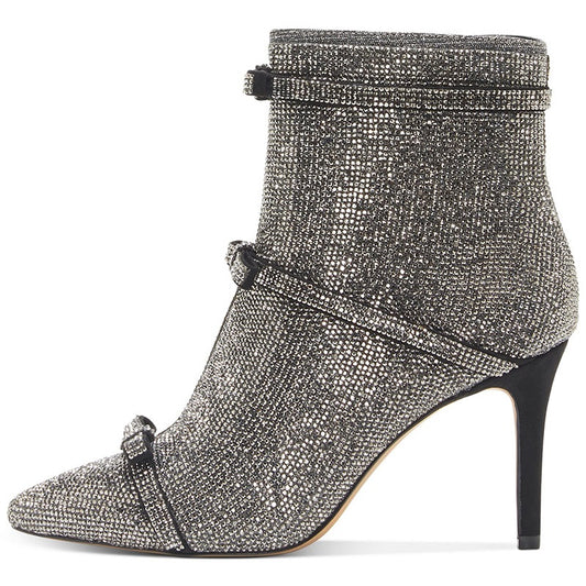 Women's Rhinestone Boots Pointed Toe Bows Embellished Heeled Booties