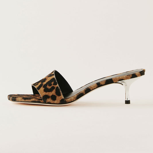 Black & Brown Leopard Print Open Square Toe Kitten Heel Mules Sandals