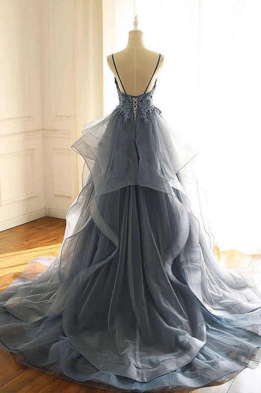 Lace Appliqued Blue Tulle Prom Dress With Ruffles,WP084