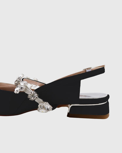 Nerina Rhinestone Strap Satin Flats In Black