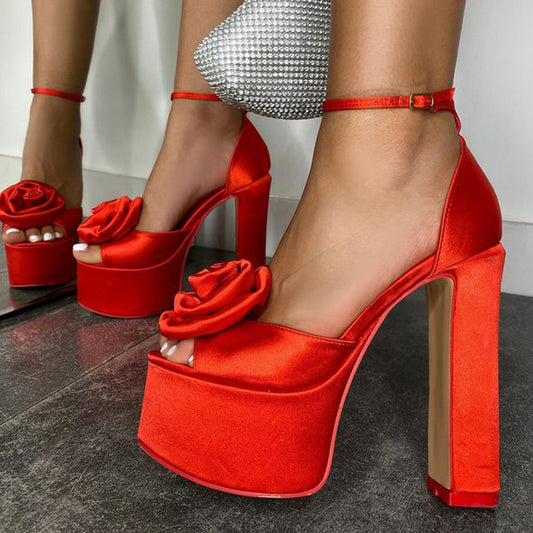 Red Satin Rose Embellished Heels Ankle Strap Platform Sandals