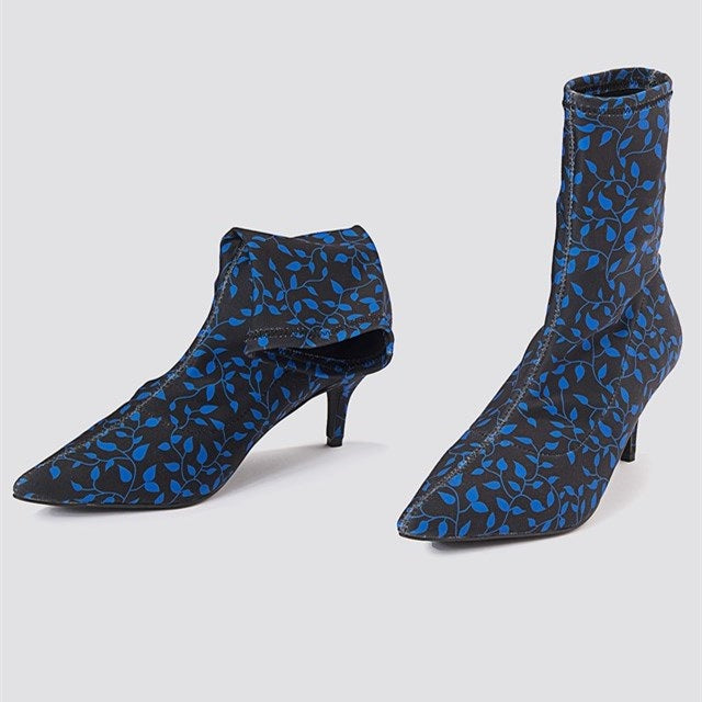 Black Sock Booties Floral Print Kitten Heel Ankle Boots