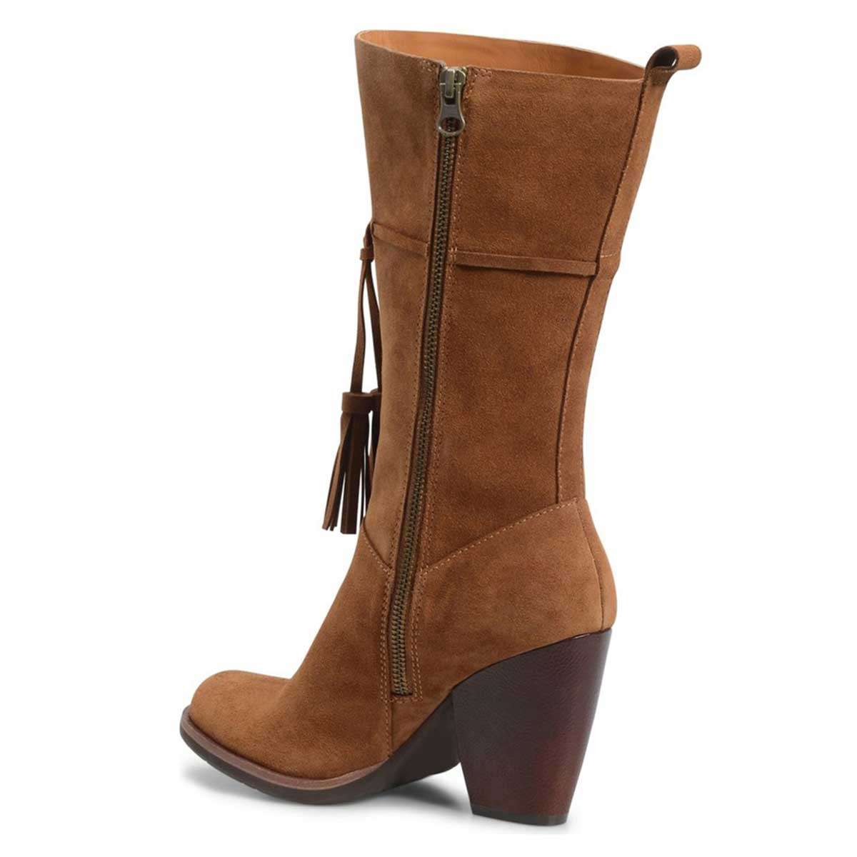 Brown Closed Toe Tasseled Tie Front Chunky Heel Women's Mid Calf Boots
