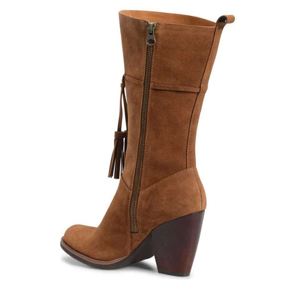 Brown Closed Toe Tasseled Tie Front Chunky Heel Women's Mid Calf Boots