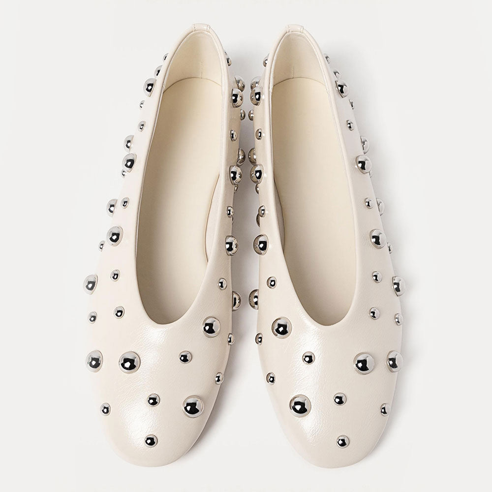 Women's Fashion Ivory Round Toe Stud Embellished Ballet Flats