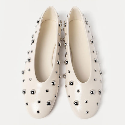 Women's Fashion Ivory Round Toe Stud Embellished Ballet Flats