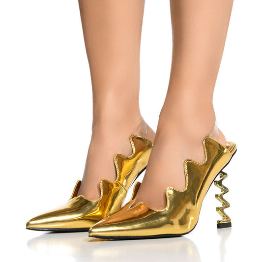 Gold Scalloped Metallic Heels Pointed Toe Slingback Pumps for Women