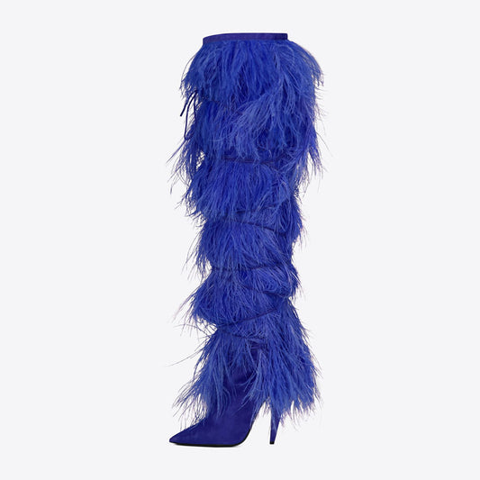 FSJ Blue Pointed Toe Ostrich Feathers Cone Heel Knee High Boots