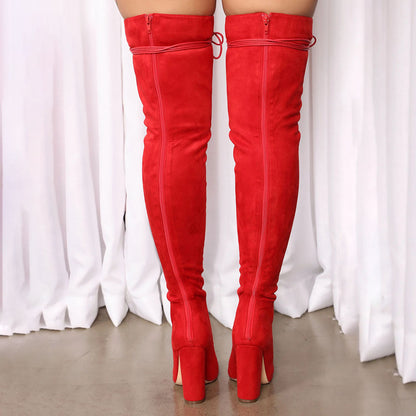 Red Peep Toe Chunky Heel Thigh High Lace Up Boots for Women