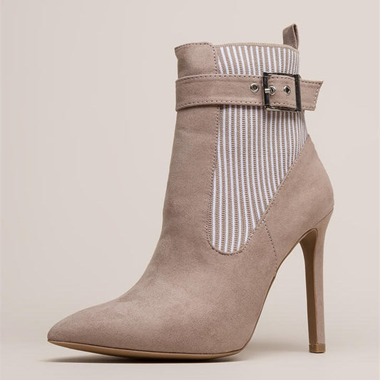 White Stripes Taupe Pointy Toe Stiletto Heel Buckle Ankle Boots