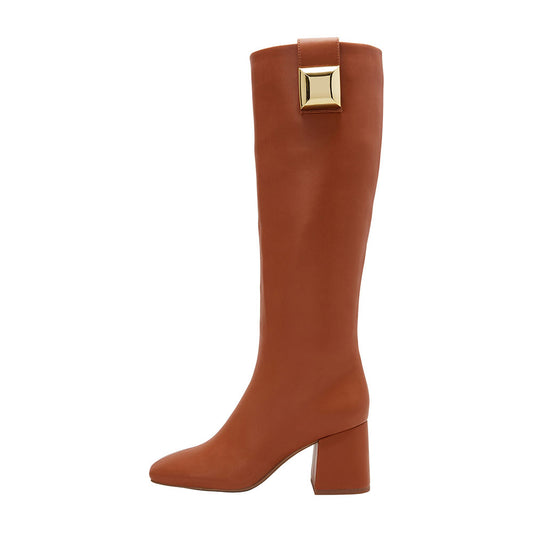 Brown Square Toe Chunky Heel Hardware Pull-On Knee High Boots