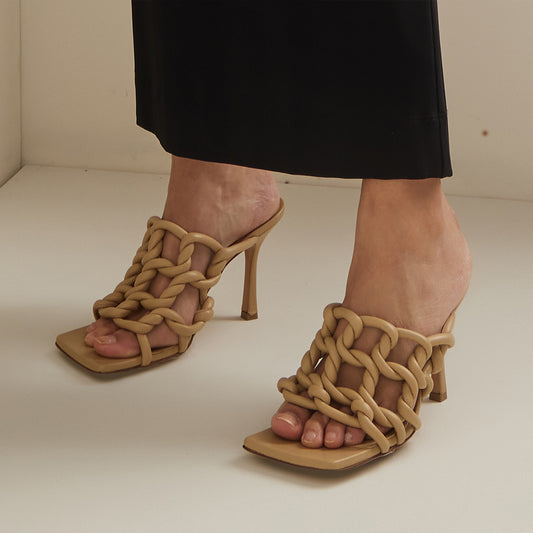 Beige Square Toe 3'' Stiletto Heel Strappy Mules