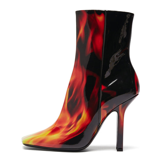 Black & Red Patent Leather Flame Stiletto Heel Square Toe Ankle Boots