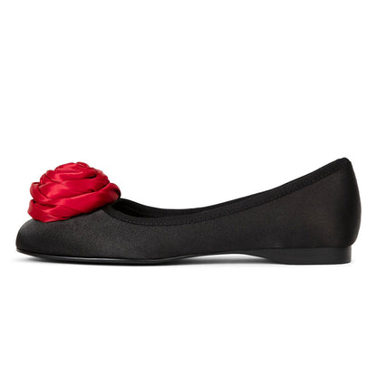 Black Satin Square Toe Ballet Flats with Red Rose Embellished