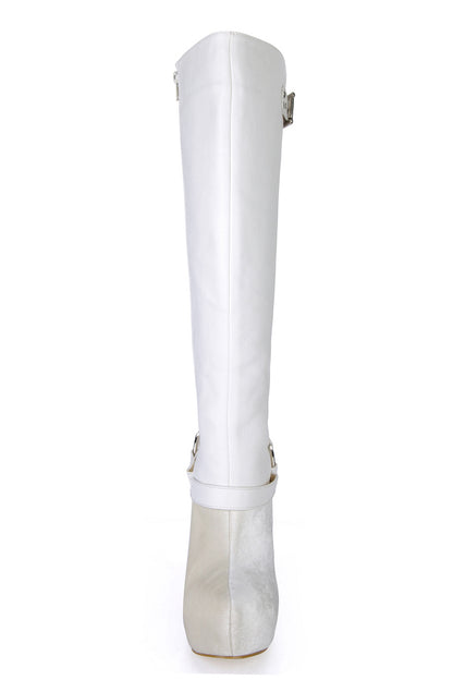 Women's White Buckle Platform Knee High Boots with Stiletto Heel