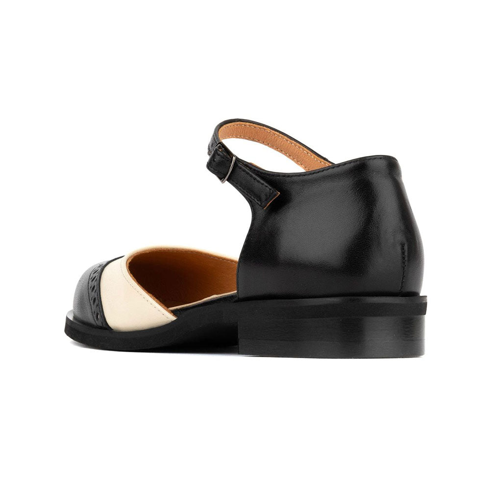 Black and Ivory Round Toe Perforated Ankle Strap Mary Jane Flats