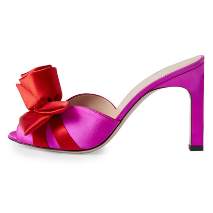 Women's Rose Style Peep Toe Satin Mule Heels in Fuchsia