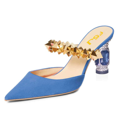 Women's Blue Vegan Suede Pointed Toe Crystal Block Heel Mules