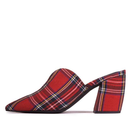 Women's Red Plaid Pointed Toe Block Heel Mules Shoes