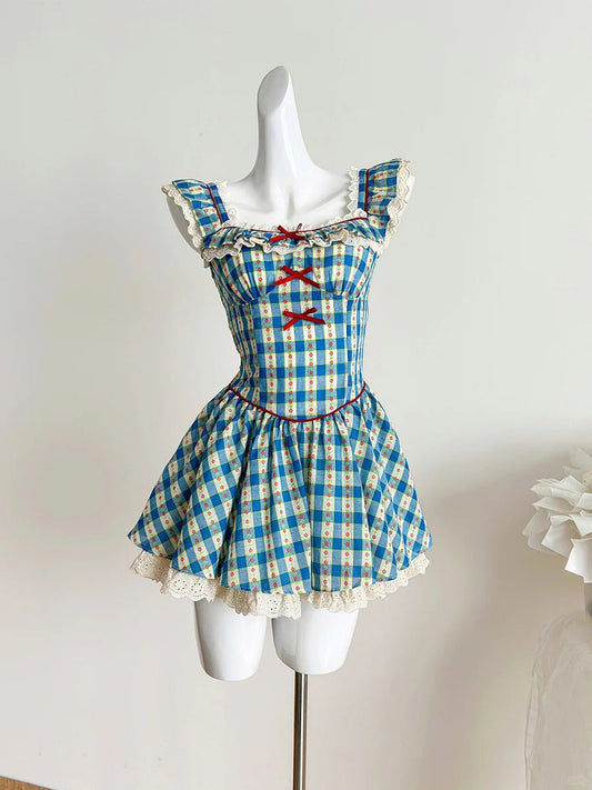 Sweet Blue and Yellow Plaid Waist Square Neck Short A-line 15th Birthday Homecoming Dress P4000