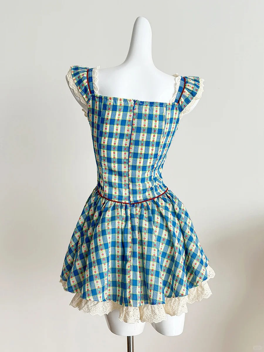 Sweet Blue and Yellow Plaid Waist Square Neck Short A-line 15th Birthday Homecoming Dress P4000
