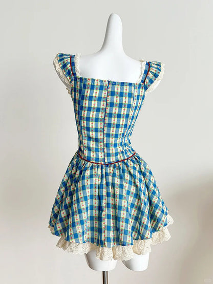 Sweet Blue and Yellow Plaid Waist Square Neck Short A-line 15th Birthday Homecoming Dress P4000
