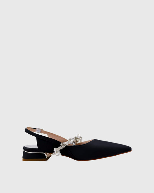 Nerina Rhinestone Strap Satin Flats In Black