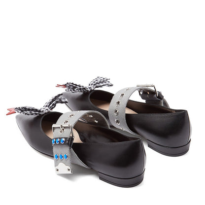 Black Pointed Toe Grommet Strap Fastening Flats with Plaid Bow