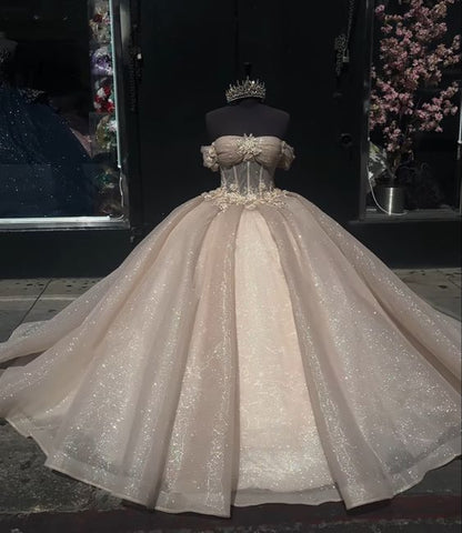 Elegant Shiny Champagne Off-the-shoulder Sweet 16 Quinceanera Tulle A-Line Prom Dress Birthday Dress Evening Dress Ball Gown TP4529