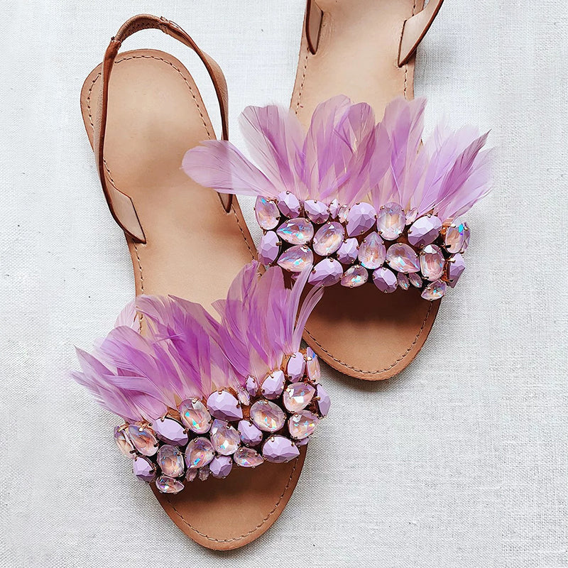 Light Purple Open Toe Rhinestones Feather Flats Slingback Sandals