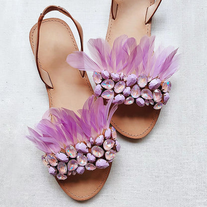 Light Purple Open Toe Rhinestones Feather Flats Slingback Sandals