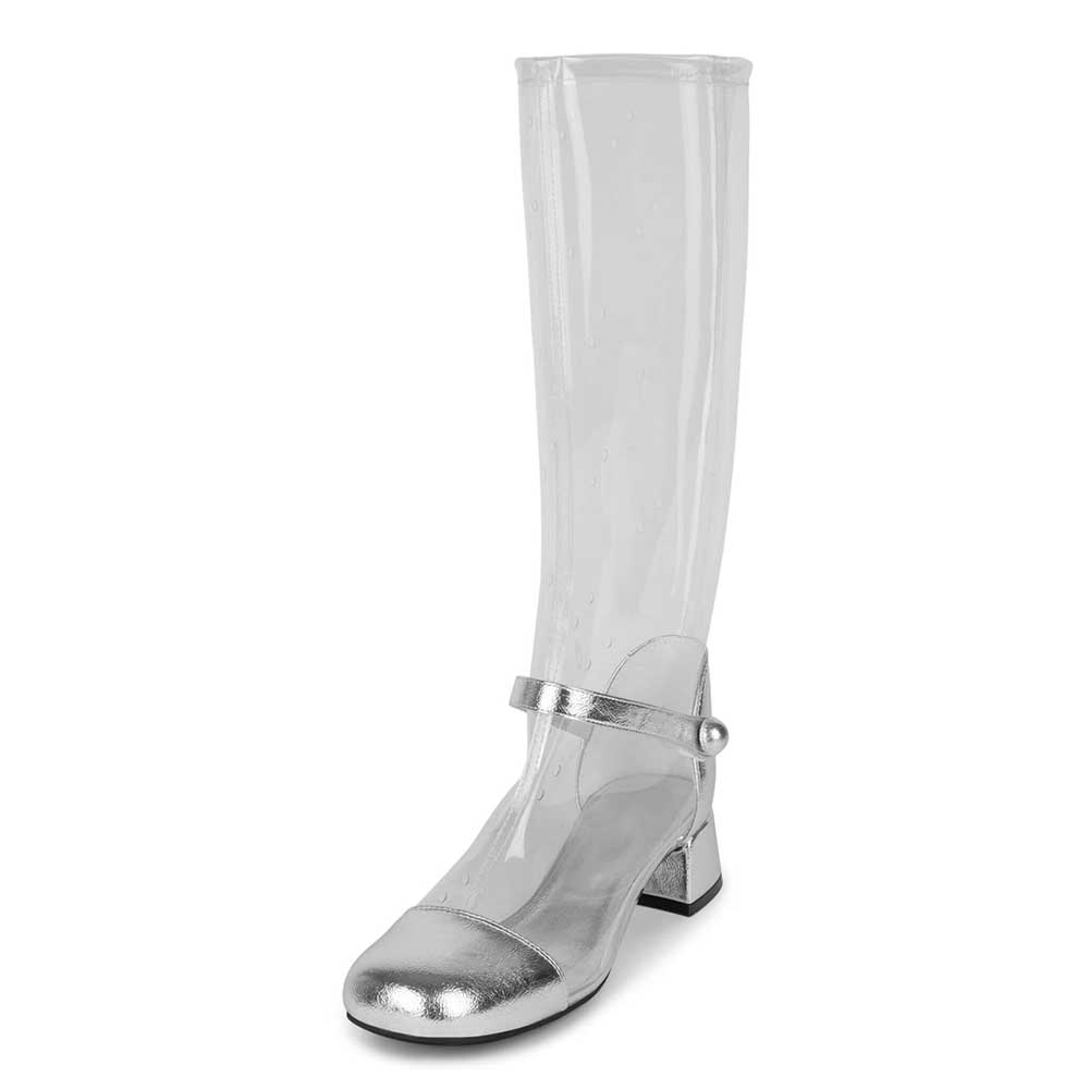 Silver & Transparent Closed Toe Heeled Knee High Boots with Strap