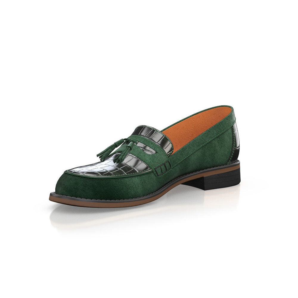 Women's Green & Black Embossed Splicing Penny Loafers with Fringe