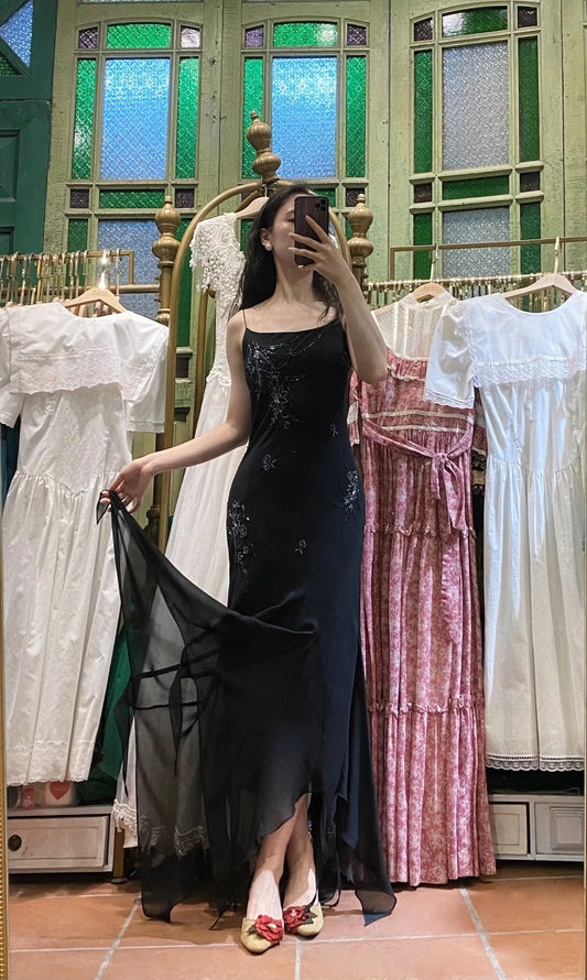 Elegant Black Irregular Strap Beaded Chiffon Long Prom Dress Evening Dress P4122